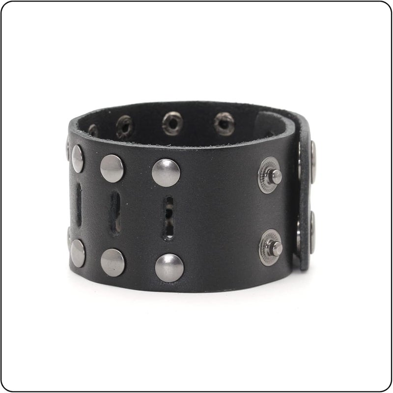 Fusamk Punk Rock Double Row Rivets Wristband Hollow Wide Leather Cuff Bracelet - Image 5